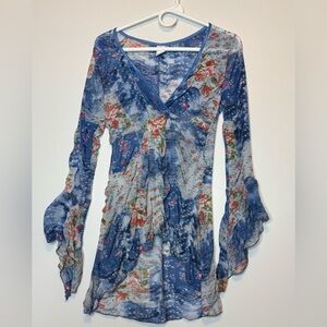 Vintage 90’s Floral  mesh ruched long-sleeve Bohemian Blouse
Size L